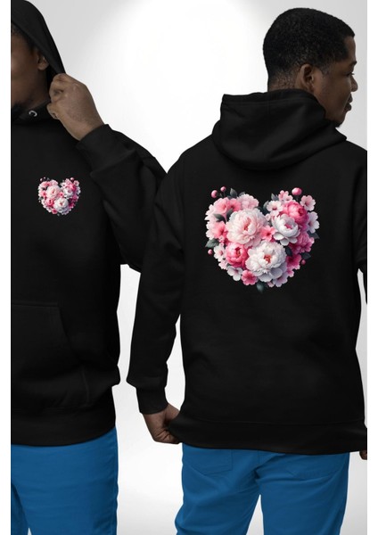 Şakayık Çiçeği Arajman Tasarımı Siyah Kapüşonlu Sweatshirt Kadın Erkek Ön Minimal Sırt Baskılı fırsatları