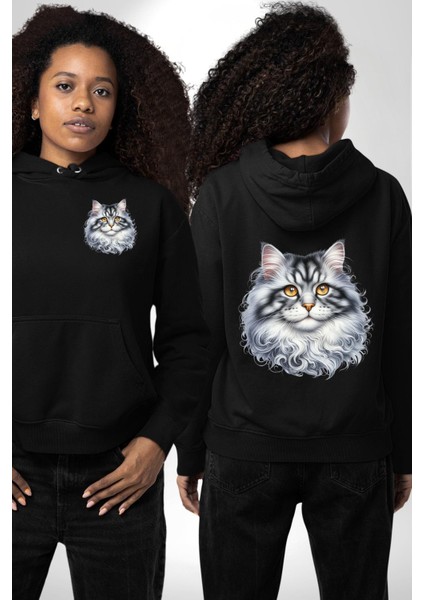 Norveç Orman Kedisi Siyah Kapüşonlu Sweatshirt Kadın Erkek Ön Minimal Sırt Baskılı