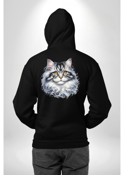 Norveç Orman Kedisi Siyah Kapüşonlu Sweatshirt Kadın Erkek Ön Minimal Sırt Baskılı modelleri