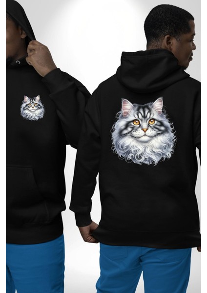 Norveç Orman Kedisi Siyah Kapüşonlu Sweatshirt Kadın Erkek Ön Minimal Sırt Baskılı fırsatları