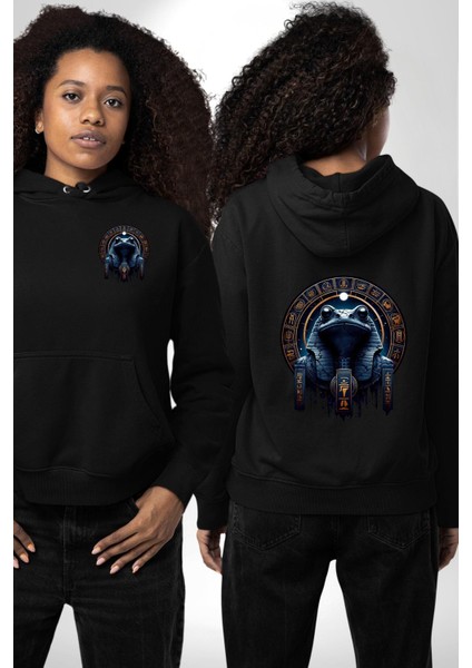 Gece ve Kaos Temalı Mistik Kek Tanrısı Mısır Siyah Kapüşonlu Sweatshirt Kadın Erkek Ön Minimal Sırt Baskılı fırsatları