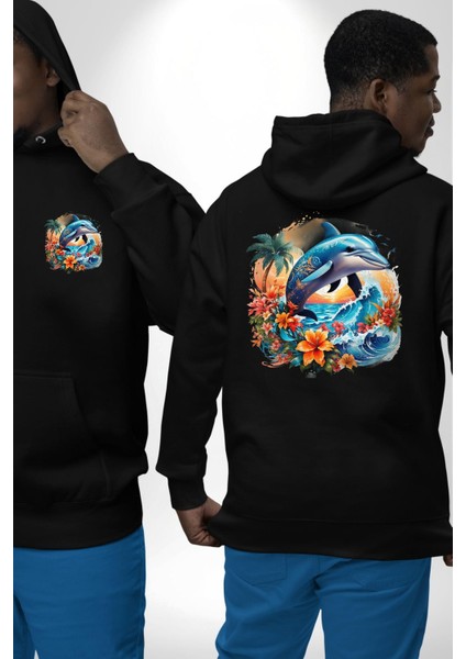 Yazın Ruhu Çiçekli Yunus Temalı Siyah Kapüşonlu Sweatshirt Kadın Erkek Ön Minimal Sırt Baskılı