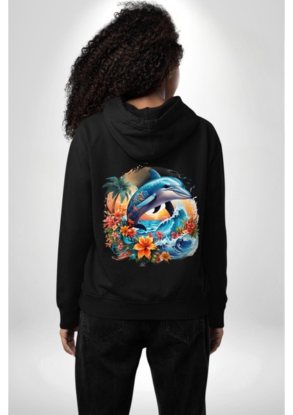 Yazın Ruhu Çiçekli Yunus Temalı Siyah Kapüşonlu Sweatshirt Kadın Erkek Ön Minimal Sırt Baskılı modelleri