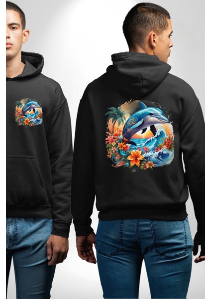 Yazın Ruhu Çiçekli Yunus Temalı Siyah Kapüşonlu Sweatshirt Kadın Erkek Ön Minimal Sırt Baskılı fırsatları