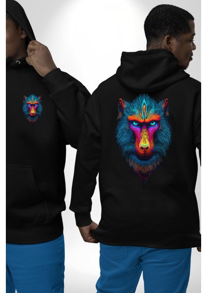 Renkli Mandrill Maymun Siyah Kapüşonlu Sweatshirt Kadın Erkek Ön Minimal Sırt Baskılı