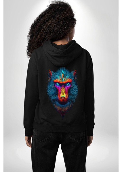 Renkli Mandrill Maymun Siyah Kapüşonlu Sweatshirt Kadın Erkek Ön Minimal Sırt Baskılı modelleri