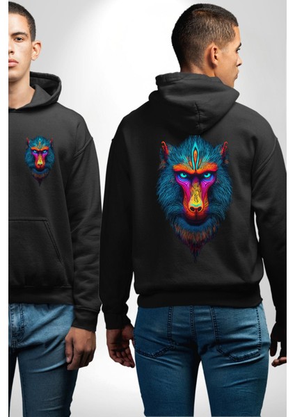 Renkli Mandrill Maymun Siyah Kapüşonlu Sweatshirt Kadın Erkek Ön Minimal Sırt Baskılı fırsatları