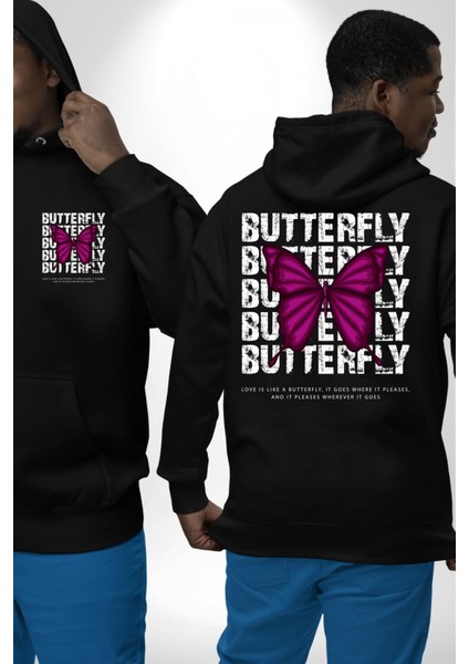 Kelebek Siyah Kapüşonlu Sweatshirt Kadın Erkek Ön Minimal Sırt Baskılı