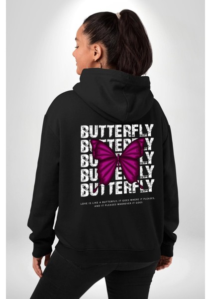Kelebek Siyah Kapüşonlu Sweatshirt Kadın Erkek Ön Minimal Sırt Baskılı indirimleri