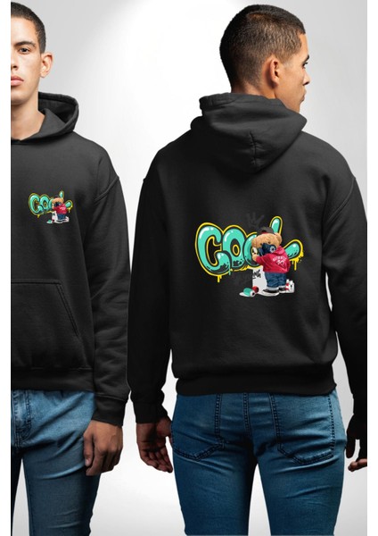 Cool Graffiti Baskılı Genç ve Sokak Modası Siyah Kapüşonlu Sweatshirt Kadın Erkek Ön Minimal Sırt Baskılı