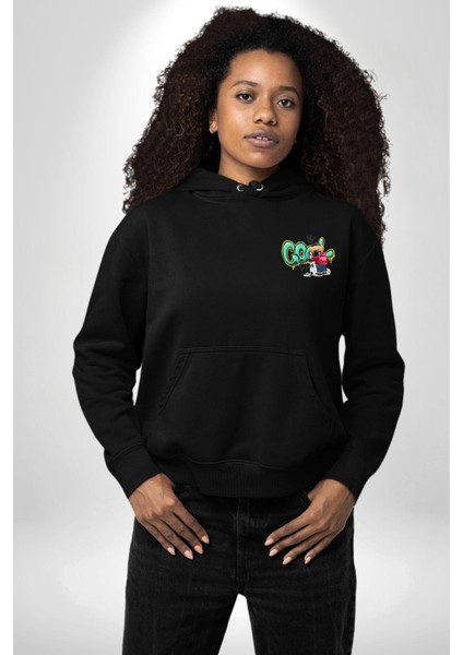 Cool Graffiti Baskılı Genç ve Sokak Modası Siyah Kapüşonlu Sweatshirt Kadın Erkek Ön Minimal Sırt Baskılı fırsatları