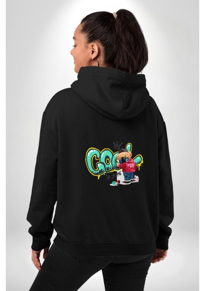 Cool Graffiti Baskılı Genç ve Sokak Modası Siyah Kapüşonlu Sweatshirt Kadın Erkek Ön Minimal Sırt Baskılı indirimleri