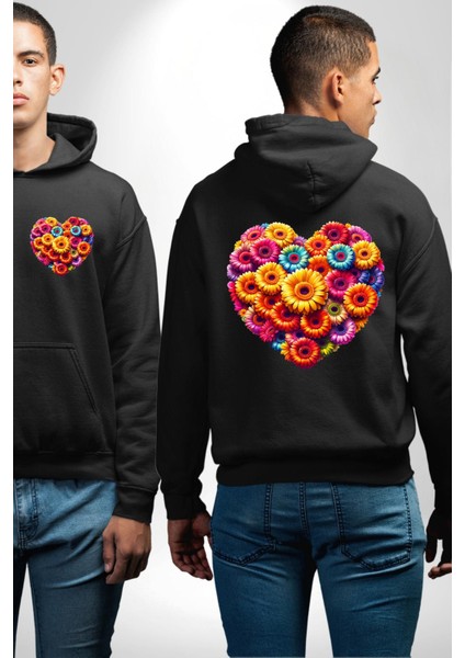 Renkli Aşk Çiçekleri Gerbera Papatya Siyah Kapüşonlu Sweatshirt Kadın Erkek Ön Minimal Sırt Baskılı fırsatları