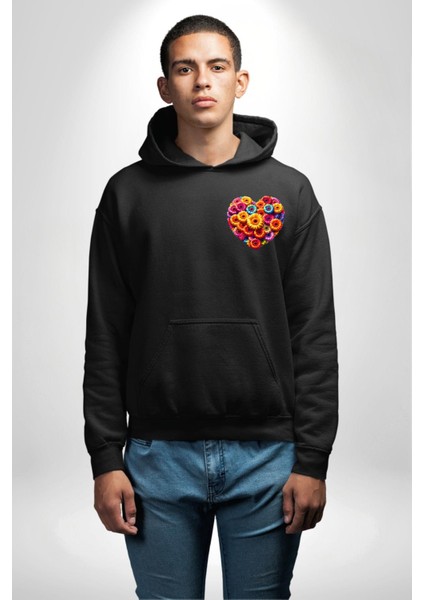 Renkli Aşk Çiçekleri Gerbera Papatya Siyah Kapüşonlu Sweatshirt Kadın Erkek Ön Minimal Sırt Baskılı indirimleri