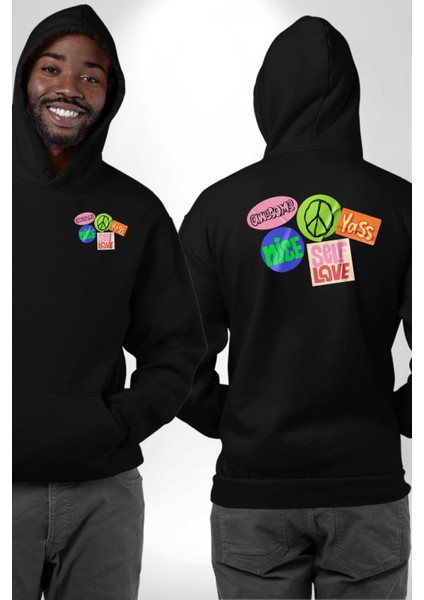 Barış Pozitif Enerji Stickerları Siyah Kapüşonlu Sweatshirt Kadın Erkek Ön Minimal Sırt Baskılı