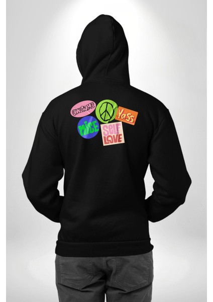 Barış Pozitif Enerji Stickerları Siyah Kapüşonlu Sweatshirt Kadın Erkek Ön Minimal Sırt Baskılı modelleri