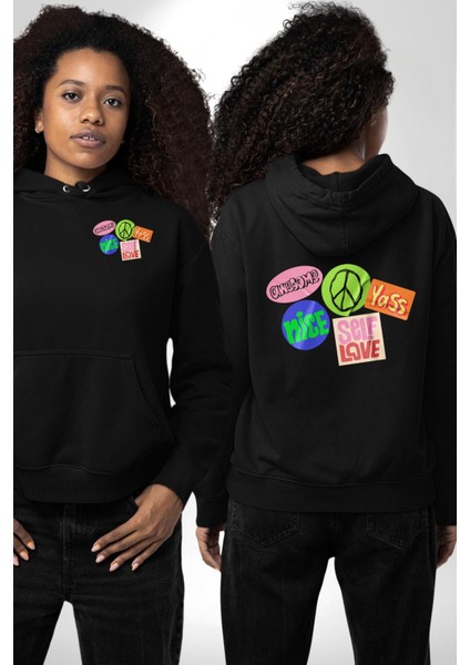 Barış Pozitif Enerji Stickerları Siyah Kapüşonlu Sweatshirt Kadın Erkek Ön Minimal Sırt Baskılı fırsatları