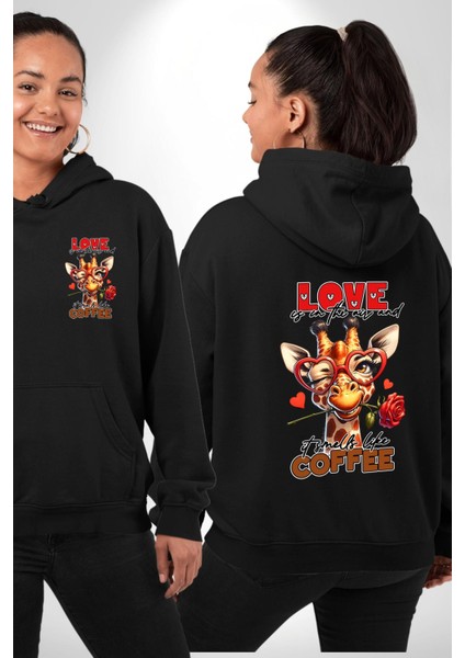Kahve ve Aşkın Birleşimi Gül Kalp Gözlük Siyah Kapüşonlu Sweatshirt Kadın Erkek Ön Minimal Sırt Baskılı