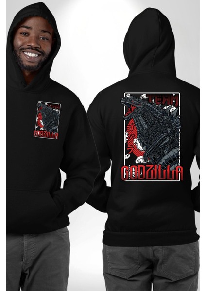 Team Godzilla Anime Efsanevi Canavar Anime Siyah Kapüşonlu Sweatshirt Kadın Erkek Ön Minimal Sırt Baskılı