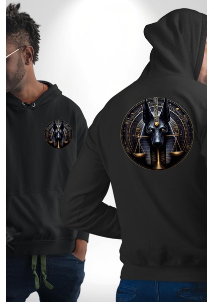 Anubis Ölüler Diyarı Koruyucusu Adalet Mısır Siyah Kapüşonlu Sweatshirt Kadın Erkek Ön Minimal Sırt Baskılı
