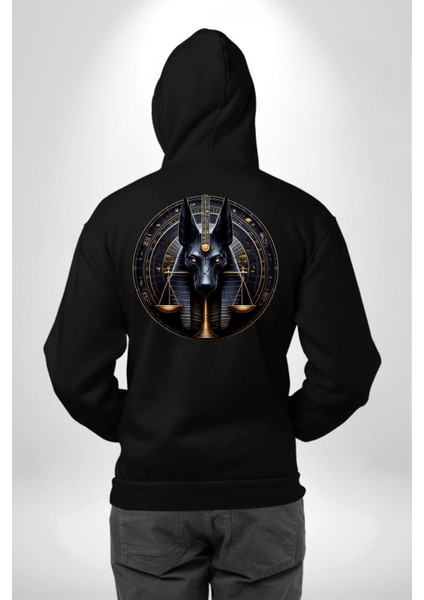 Anubis Ölüler Diyarı Koruyucusu Adalet Mısır Siyah Kapüşonlu Sweatshirt Kadın Erkek Ön Minimal Sırt Baskılı modelleri