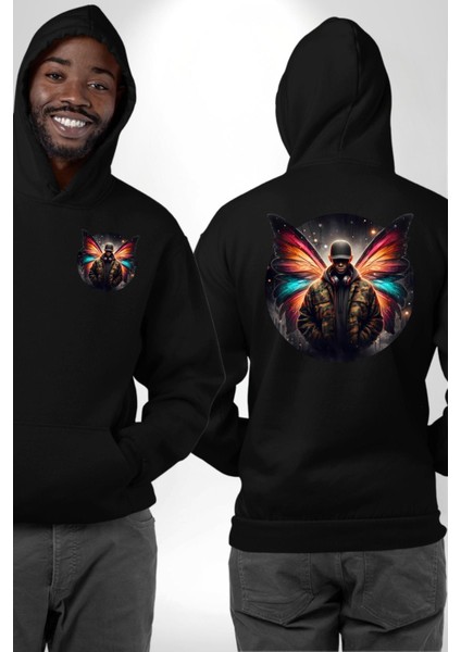 Günlük Kamuflaj Desenli Ajan Erkek Siyah Kapüşonlu Sweatshirt Kadın Erkek Ön Minimal Sırt Baskılı