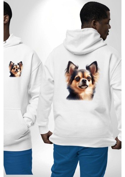 Sevimli Chihuahua Küçük Irk Köpek Beyaz Kapüşonlu Sweatshirt Kadın Erkek Ön Minimal Sırt Baskılı