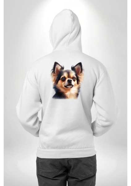 Sevimli Chihuahua Küçük Irk Köpek Beyaz Kapüşonlu Sweatshirt Kadın Erkek Ön Minimal Sırt Baskılı modelleri
