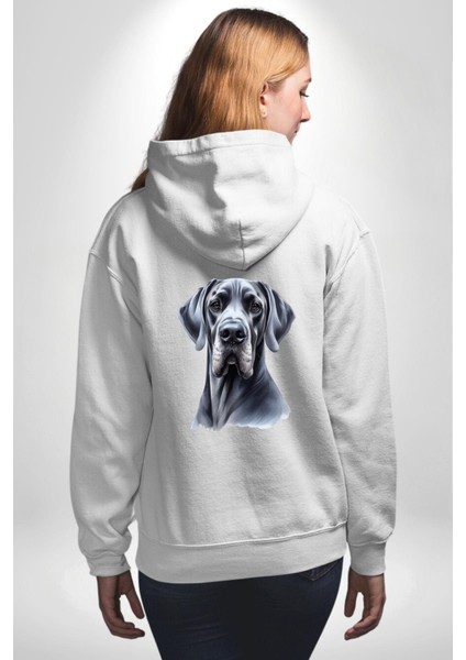 Güçlü Büyük Danua Köpek Dostu Beyaz Kapüşonlu Sweatshirt Kadın Erkek Ön Minimal Sırt Baskılı modelleri