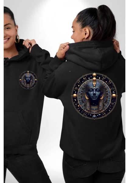 Mısır Mitolojisi Nut Mistik Gökyüzü Tanrıçası Siyah Kapüşonlu Sweatshirt Kadın Erkek Ön Minimal Sırt Baskılı