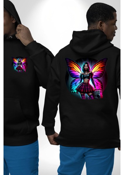 Crop Top Etek Retro Boom Box Plak Genç Kız Siyah Kapüşonlu Sweatshirt Kadın Erkek Ön Minimal Sırt Baskılı