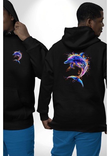 Renkli Sanatsal Yunus Neon Splash Siyah Kapüşonlu Sweatshirt Kadın Erkek Ön Minimal Sırt Baskılı