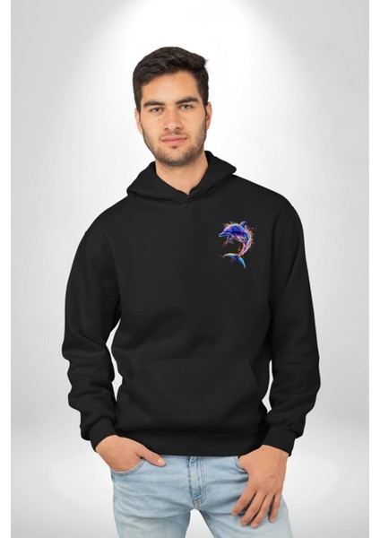 Renkli Sanatsal Yunus Neon Splash Siyah Kapüşonlu Sweatshirt Kadın Erkek Ön Minimal Sırt Baskılı fiyatları