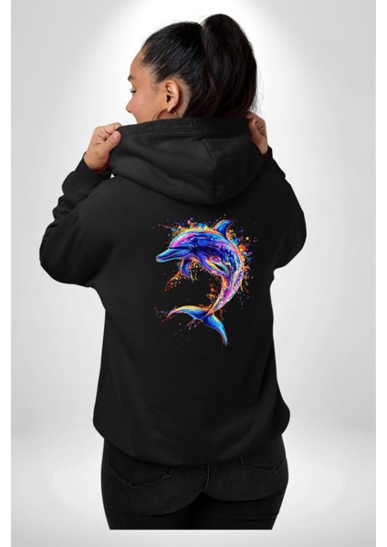 Renkli Sanatsal Yunus Neon Splash Siyah Kapüşonlu Sweatshirt Kadın Erkek Ön Minimal Sırt Baskılı modelleri