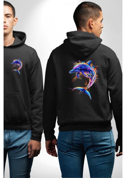 Renkli Sanatsal Yunus Neon Splash Siyah Kapüşonlu Sweatshirt Kadın Erkek Ön Minimal Sırt Baskılı fırsatları