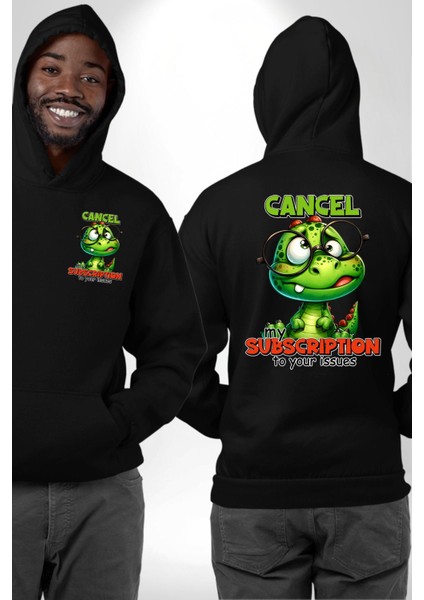 Dinozorlu Abone Iptali Yazılı Siyah Kapüşonlu Sweatshirt Kadın Erkek Ön Minimal Sırt Baskılı