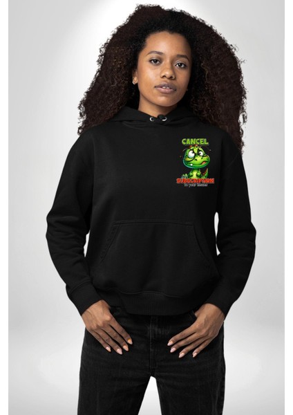 Dinozorlu Abone Iptali Yazılı Siyah Kapüşonlu Sweatshirt Kadın Erkek Ön Minimal Sırt Baskılı fiyatları