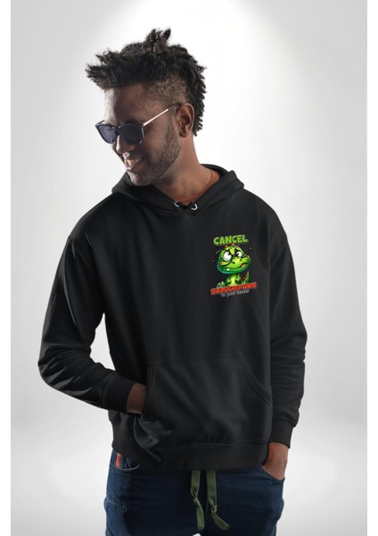 Dinozorlu Abone Iptali Yazılı Siyah Kapüşonlu Sweatshirt Kadın Erkek Ön Minimal Sırt Baskılı indirimleri