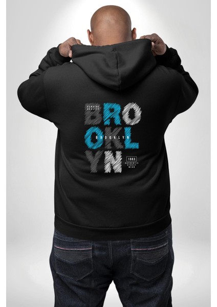 Brooklyn Baskılı Sokak Modası ve Yaratıcı Siyah Kapüşonlu Sweatshirt Kadın Erkek Ön Minimal Sırt Baskılı indirimleri