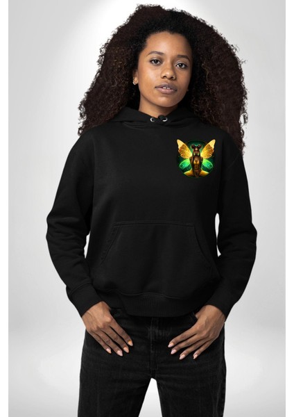 Yazlık Neon Sarı-Yeşil Kadın Melek Siyah Kapüşonlu Sweatshirt Kadın Erkek Ön Minimal Sırt Baskılı indirimleri