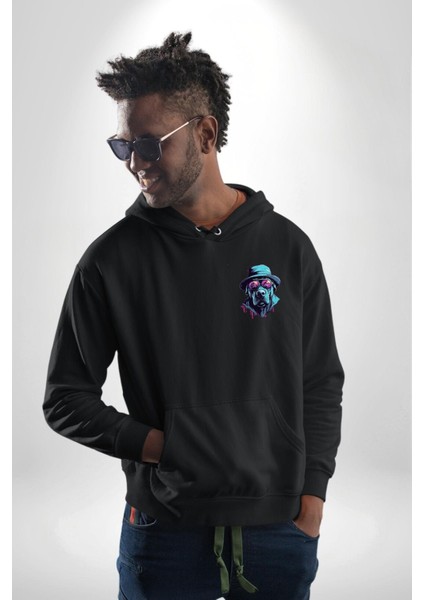 Sert Bakışlı Şapkalı Köpek Siyah Kapüşonlu Sweatshirt Kadın Erkek Ön Minimal Sırt Baskılı fiyatları
