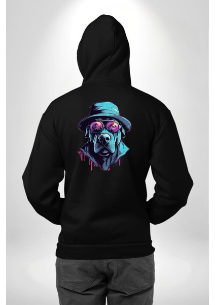 Sert Bakışlı Şapkalı Köpek Siyah Kapüşonlu Sweatshirt Kadın Erkek Ön Minimal Sırt Baskılı modelleri