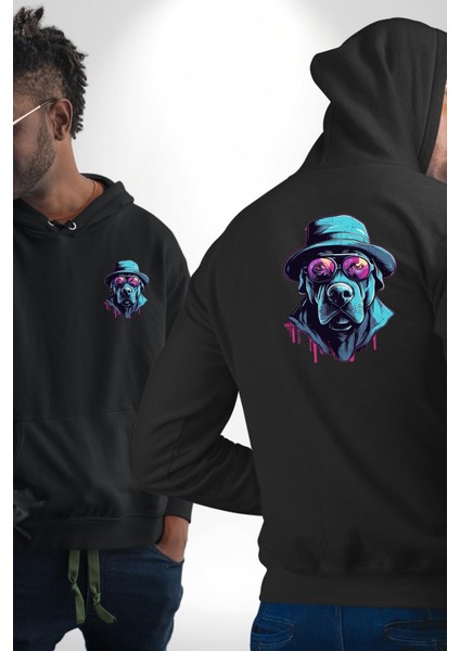 Sert Bakışlı Şapkalı Köpek Siyah Kapüşonlu Sweatshirt Kadın Erkek Ön Minimal Sırt Baskılı fırsatları