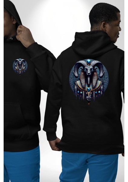 Khnum Su, Verimlilik Yaratıcı Tanrısı Mısır Siyah Kapüşonlu Sweatshirt Kadın Erkek Ön Minimal Sırt Baskılı