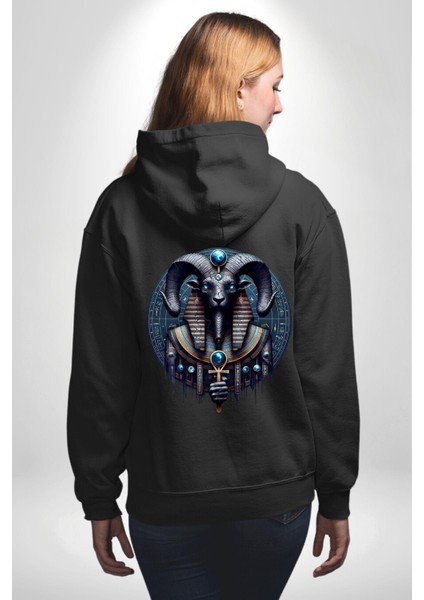Khnum Su, Verimlilik Yaratıcı Tanrısı Mısır Siyah Kapüşonlu Sweatshirt Kadın Erkek Ön Minimal Sırt Baskılı modelleri