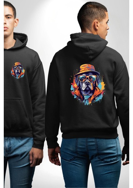 Gözlük Takmış Patron Gangster Köpek Siyah Kapüşonlu Sweatshirt Kadın Erkek Ön Minimal Sırt Baskılı
