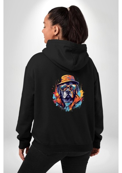 Gözlük Takmış Patron Gangster Köpek Siyah Kapüşonlu Sweatshirt Kadın Erkek Ön Minimal Sırt Baskılı modelleri