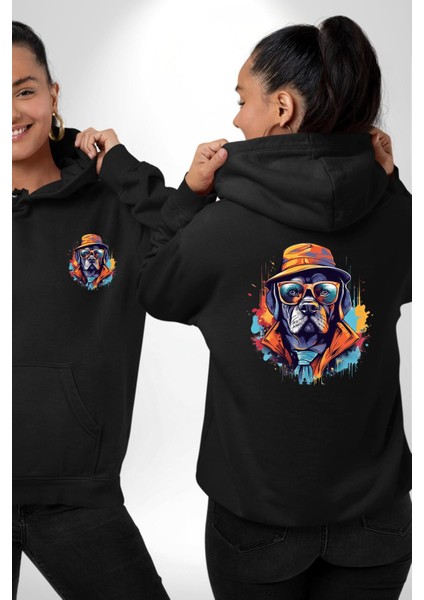 Gözlük Takmış Patron Gangster Köpek Siyah Kapüşonlu Sweatshirt Kadın Erkek Ön Minimal Sırt Baskılı fırsatları