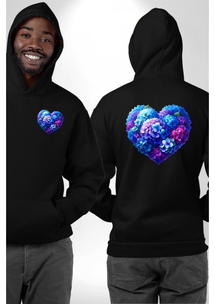 Ortanca Çiçeği Tasarımı Siyah Kapüşonlu Sweatshirt Kadın Erkek Ön Minimal Sırt Baskılı