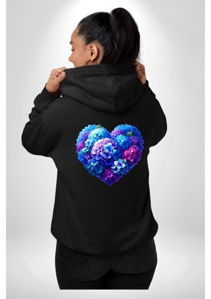 Ortanca Çiçeği Tasarımı Siyah Kapüşonlu Sweatshirt Kadın Erkek Ön Minimal Sırt Baskılı modelleri